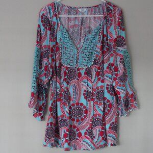 Crown & Ivy Woman 2X Boho RAYON Paisley Crochet Pom Pom Blouse Top 2X
